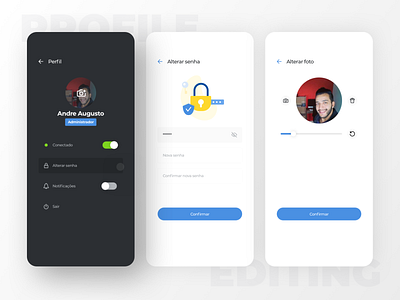 Editing profile flow app blue button chat design editing flow interface design mobile notification password photo profile profile picture toggle ui ux