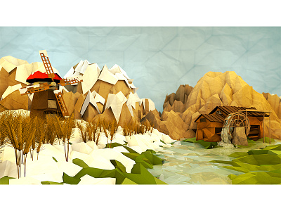 Watermill Scene 3d landscape low poly lowpoly model mountains paper render scene snow texture water