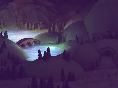 Night Scene 3d hobbit hobbiton lake landscape lowpoly model night render water