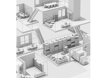 Levels 2d 3d architecture box truck c4d cargo cinema 4d commercial desk illustration levels linework model office render retail sketch and toon stairs steps warehouse