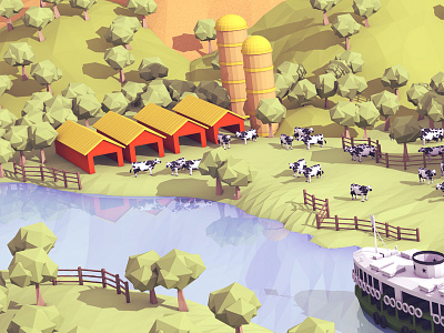 Farmland_01 3d barn boat farm ferry hills low poly lowpoly reflection render trees water