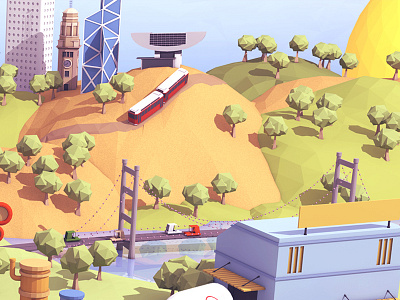 Farmland_02 3d architecture bridge buildings cable car hills low poly lowpoly render store trees water