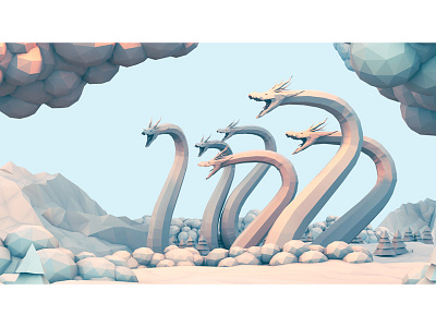 Hydra 3d creature dragon fantasy greyscale hydra landscape lighting low poly lowpoly monster render