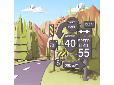 Tiny Teepee - Hitchhiking 3d c4d cinema 4d hitchhiking low poly lowpoly render road signage tiny teepee trees woods
