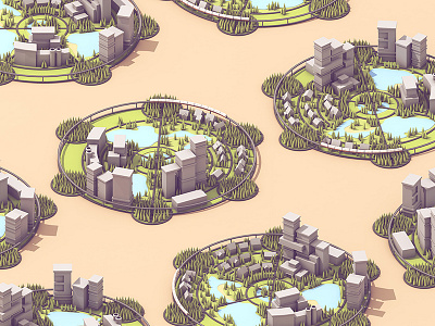 Garden City (for FP Mag) 3d buildings c4d city future garden city low poly lowpoly render town trees water