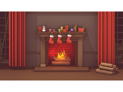Yule Log c4d christmas curtains fire fireplace logs lowpoly render stockings wood yule log yule log 2.014