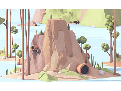 Landscape 04 (WIP) 3d c4d lakes landscape low poly lowpoly mountain render rivers terrain trees water