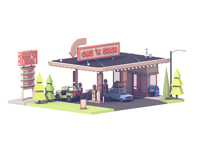 Gas Station (Three Mini Scenes) 3d c4d car diner drive thru gas station luggage pit stop render travel twitchcon