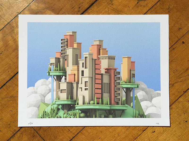 "Floating City" Print c4d render 3d architecture building island sky waterfall landscape floating city