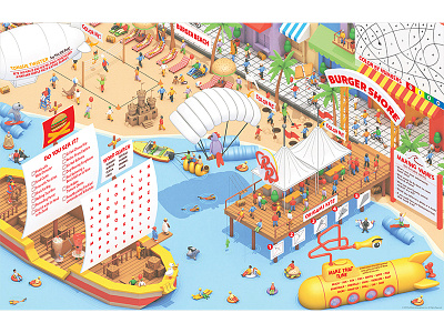 Red Robin Summer 2019 Kids Menu 3d awning beach boardwalk boat c4d canopy cinema 4d fishing kids menu menu model ocean pier pirate ship red robin render ship submarine tent