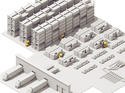 Warehouse 3d c4d factory forklift grayscale organization pallet pallets render scale sort sorting storage trucks warehouse