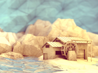 Watermill 3d dof farm farmhouse ground house landscape low poly lowpoly mill mountains paper paper texture render river texture water watermill