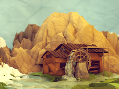 Watermill No. 2 3d barn c4d cinema 4d dof ground house landscape low poly lowpoly mill mountains paper paper texture polygons render snow texture water watermill
