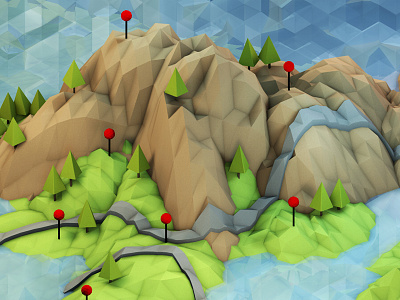 Mapping 3d ao c4d cinema 4d grass hills island iso isometric land landscape low poly lowpoly map model mountains ocean peninsula pin render road water