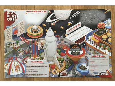 Red Robin Q1 2020 Kid's Menu - SPACE 🚀 3d architecture burgers c4d cinema 4d classrooms dance isometric kid menu kids menu model orbit planet red robin render restaurant rocket space space station