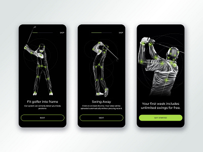 Onboarding Golf App app dark design golf mobile onboarding phone photo edition sport swing ui ux