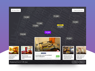 Map View - Search Results Page cards concept dark ui map property search travel web