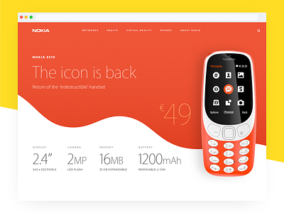 Nokia 3310 Landing Page Redesign Concept concept ecommerce flat landing minimal nokia redesign typography ui web
