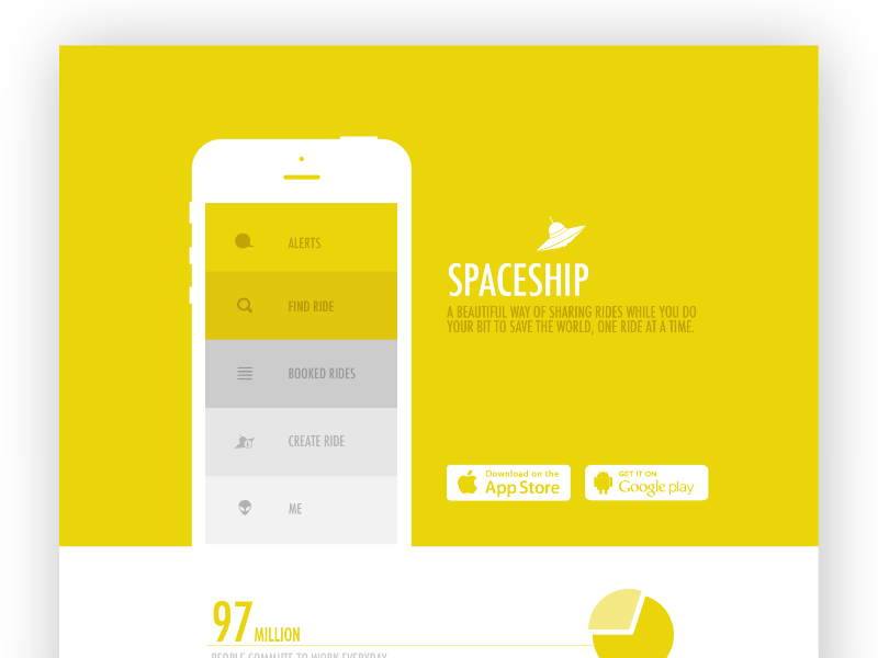 Spaceship App Website android carpool design flat iphone minimal rideshare simple ui ux website yellow