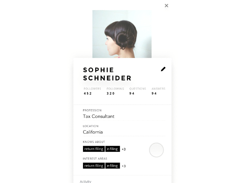 Profile Page animation black clean invision minimal motion principle profile ui ux white