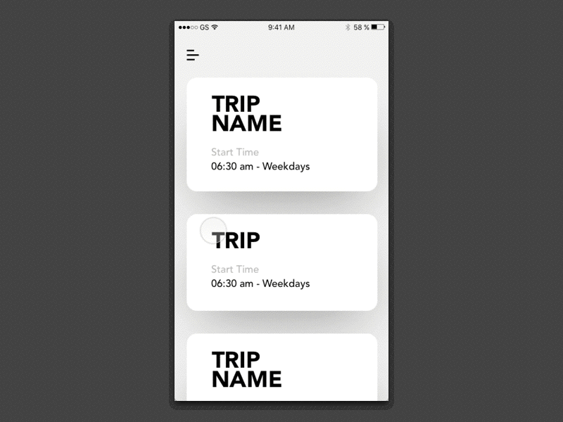 WIP2 - Pick and Drop Trip Interactions android animation app cards interaction ios minimal motion principle ui ux wip