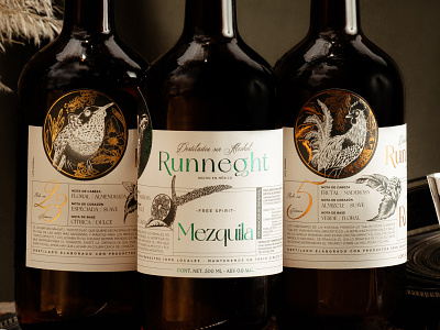 Label & bottle design: Runneght branding cocktail design distillates hummingbird illustration label design mexico non alcohol tlacuache