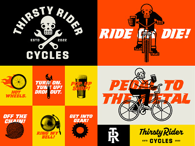 Thirsty Rider Cycles beer bicycle bike black brand branding design icon identity illustration logo ride skull vector