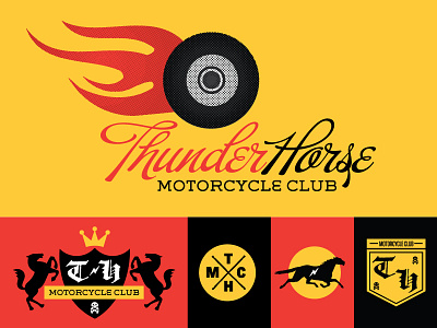 Thunderhorse Identity badges bike blackletter fire flames horse icon identity motorcycle pins shields tire