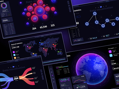 Widgets library for dashboards and presentations analytics b2b bar chart components dark dark ui dashboard dataviz interface library line chart map neon presentation saas sankey service statistic template uiux