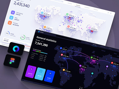 Visualization of data and graphs on the world map. Orion UI KIT analytics app cloud code desktop future hex local location map pin planet research service statistic technology template ux world map zoom