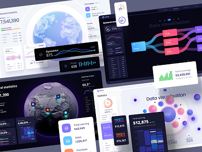 Huge UI kit for data visualization, analytics and statistics for 3d animation artificial intelligence chart components dashboard data science dataviz design desktop illustration infographic logo mobile predictive analytics product statistic template widgets