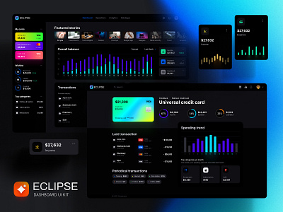 Eclipse - Figma dashboard UI kit for data design web apps analytics app banking chart coins components dashboard dataviz desktop finance investments mobile money saas service statistic template trend web widgets