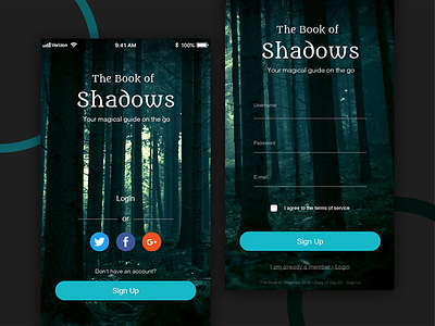 Daily UI Challenge - Day 01: Sign Up page book of shadows daily ui dark design design magic mobile app mobile design sign up ui design witch
