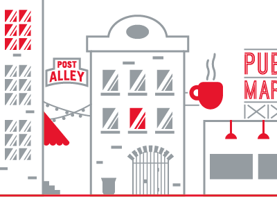 Post Alley Illustration gray illustration red retail seattle