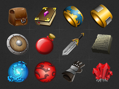 Rpg Iconset backpack book crystal game glove grimoire health potion icons iconset orb ring rpg shield sword video game