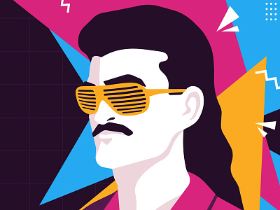 80s Tribute 80 80s crazy design face graphic guy head illustration man mullet mustache style vector