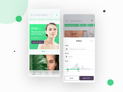 Beauty App advertisement beauty beauty app carousel category dates design filter green mobile mobile app offer search slider tags