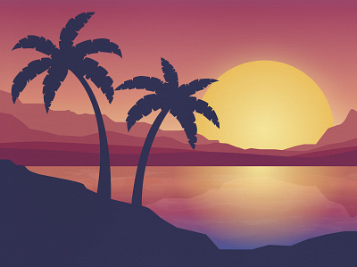 Palm Trees at Sunset background desert design illustration oasis reflection water