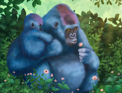 Gorilla Mom Admiring a Flower dappled light gorilla illustration procreate