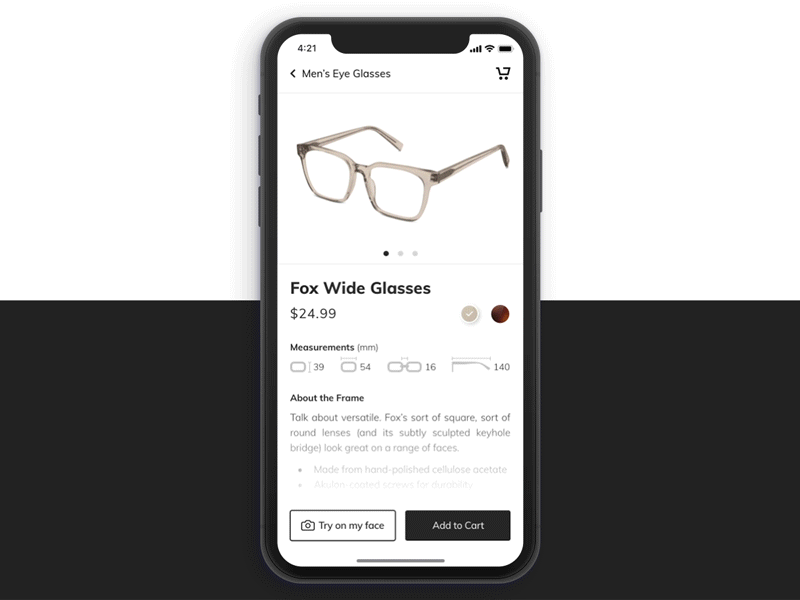 Glasses App aftereffect animation app clean design ecommerce app glasses minimalism mobile products page showcase simple sketchapp uidesign