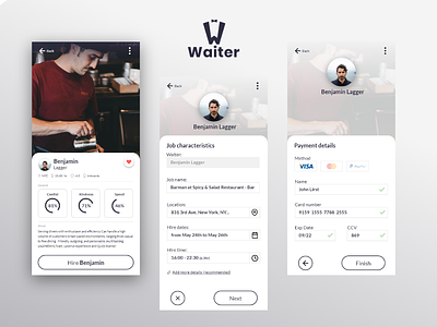 Waiter - hire process app composition details hire logo mastercard payments paypal process ui uidesign uiux visa waiter