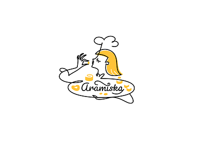 Aramiska brand branding candy confectionery design font girl identity illustration letter line logo logotype shop souffle sweet tray yellow