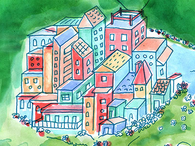 a city in the hills cinque terre city illustration