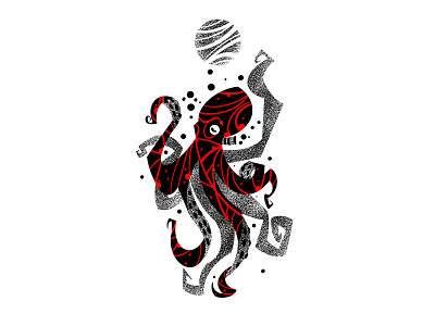 Octopus black design dotwork illustration octopus red