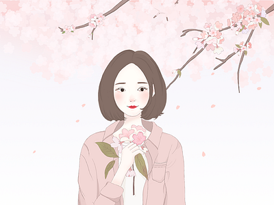 Cherry blossoms girl，illustration pink sakura