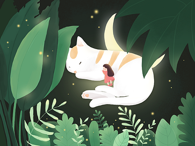 Cat and a little girl night，cat，forest，illustration