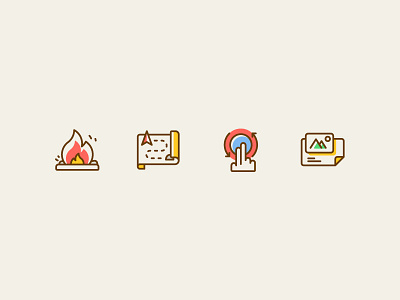 Simple 4 icons camp finger fire icons linear maps phone picture postcard simple touch travel