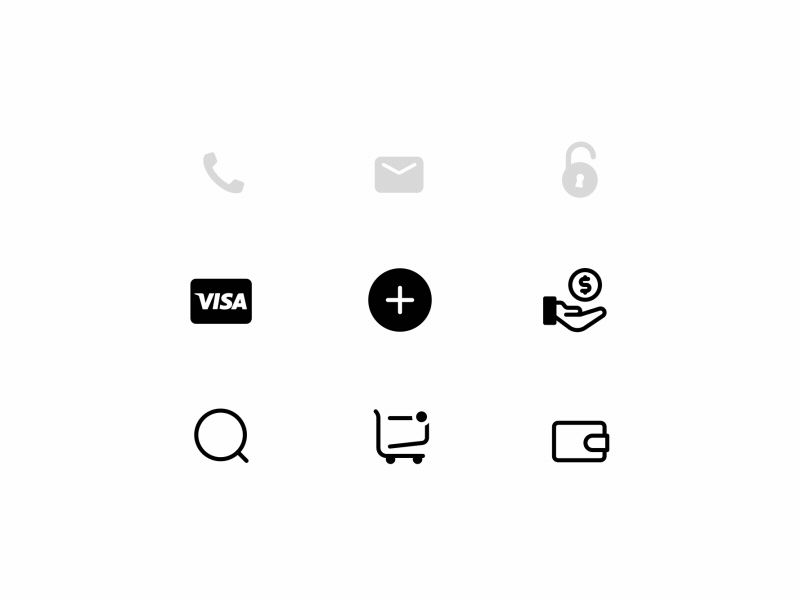 Commerce Icon Set 1/2 add add to cart animation bodymovin cash commerce credit card icon lock loop lottie message money motion phone search set wallet