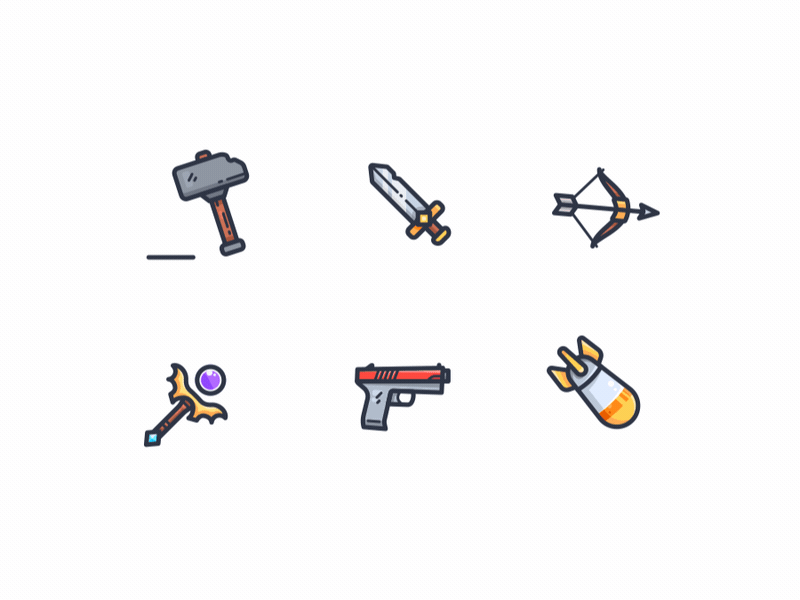 Weapons animation arrow arrows atomic bomb bodymovin bow gun hammer icon longbow loop lottie magic magic stick missiles pistol staff sword tools weapon