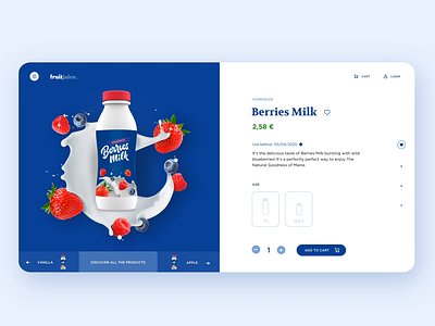 Fruit Juice | E-commerce concept animation berries blue color fluid fruit interaction juice menu milk slider strawberry ui uidesign webdesign
